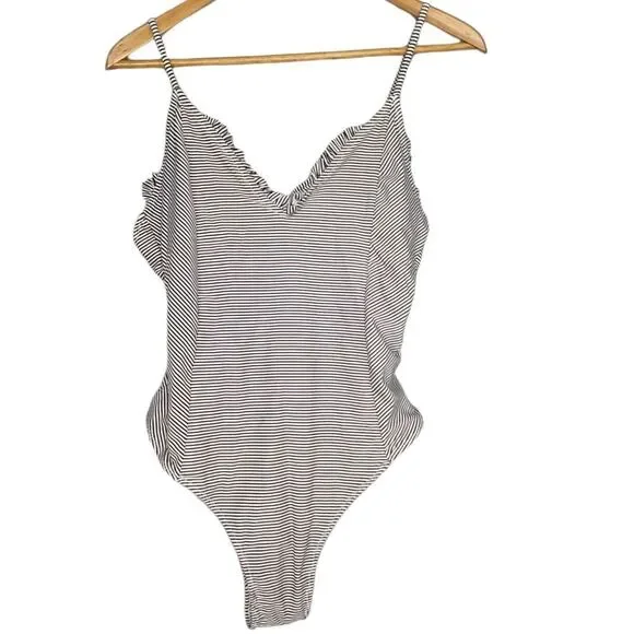 CUPSHE Black White Striped Ruffle Trim One-piece Swimsuit XL - Picture 3 of 5